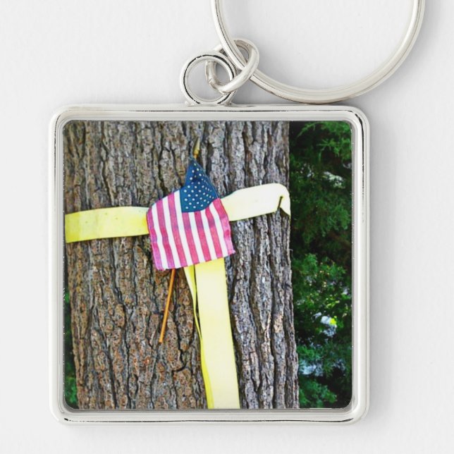 Gult Ribbon Round Träd & USA Flagga Keychain Fyrkantig Silverfärgad Nyckelring (Framsidan)