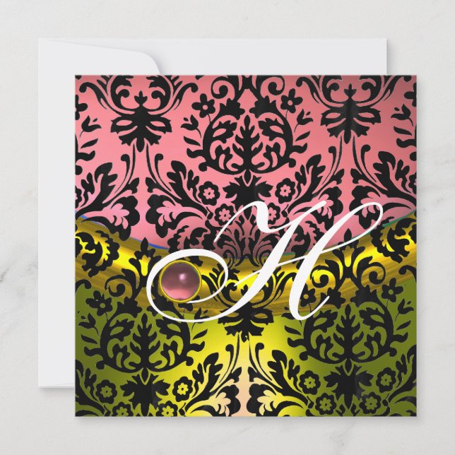 GULT ROSA BLACK DAMASK MONOGRAM Amethyst Inbjudningar (Framsida)