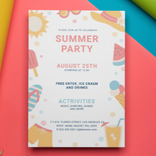 Gult Rosa Blue Simple Sommar Party-inbjudan Inbjudningar