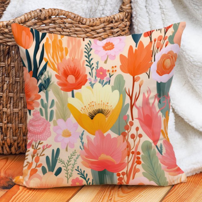 Gult Rosa Coral Cream Blommigt Kudde (Yellow Pink Coral Cream Floral Throw Pillow)