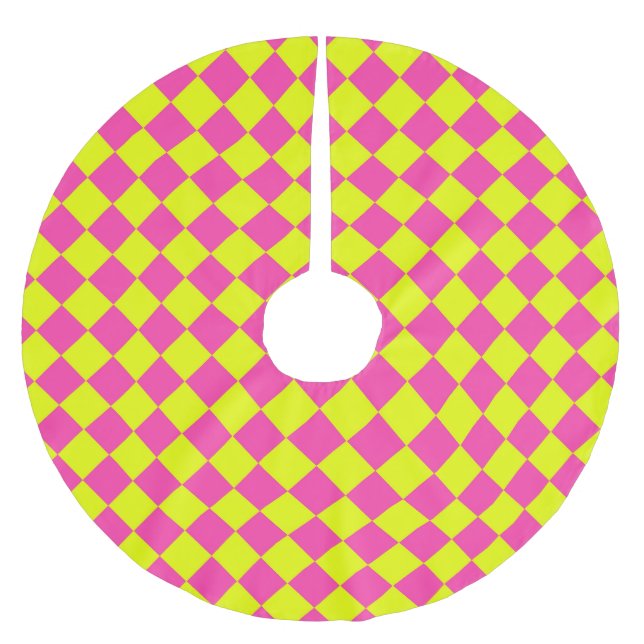 Gult Rosa Diamond Checker Mönster Julgransmatta Borstad Polyester (Framsidan)
