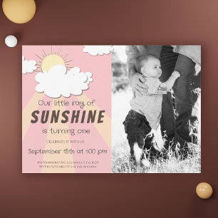 Gult Rosa Little Sunshine 1:a födelsedagen Inbjudningar