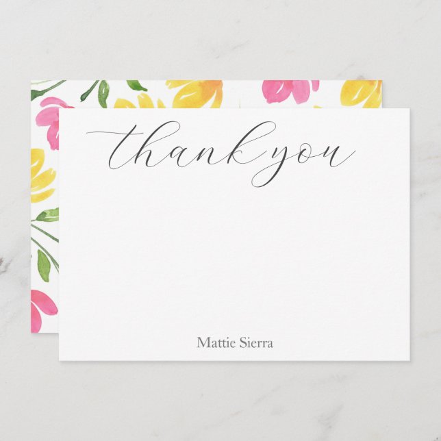 Gult Rosa Orange Vattenfärgens Blommigt Stems Möns Tack Kort (Fram/baksida)