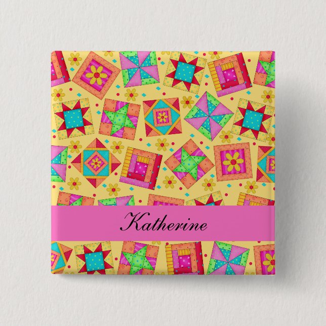 Gult Rosa Patchwork Quilt Blocks Namn Badge Knapp (Framsida)