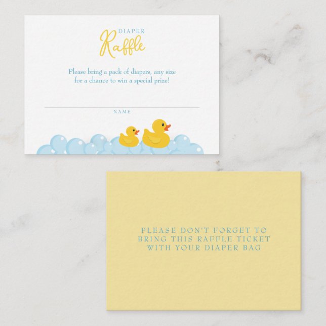 Gult Rubber Anka Diaper Raffle Card - Baby Showe Anteckningskort (Fram/baksida)