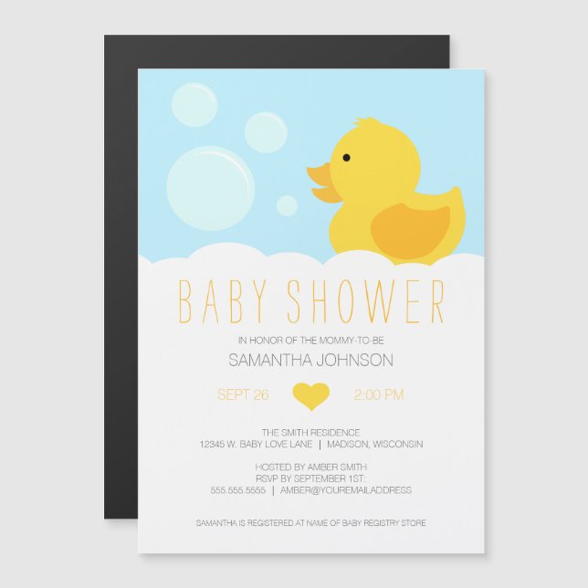 Gult Rubber Ducky Bubble Bath Baby Shower Magnetisk Inbjudningskort (Fram/baksida)