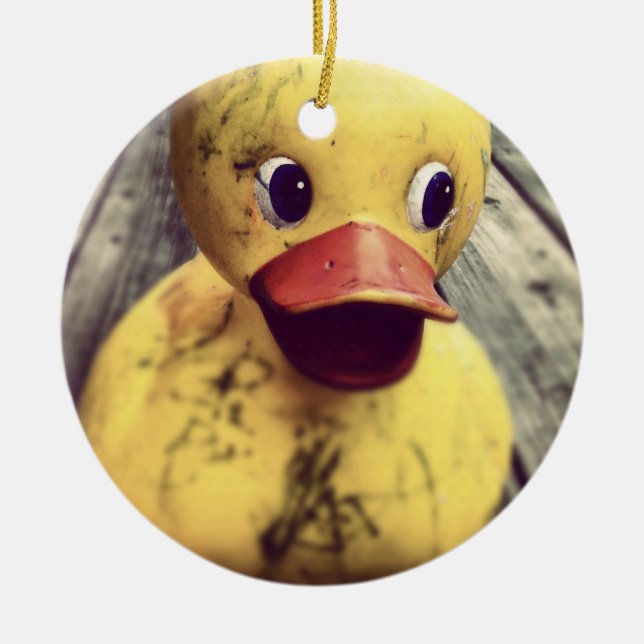 Gult Rubber Ducky täckte i Dirt! Julgransprydnad Keramik (Framsidan)