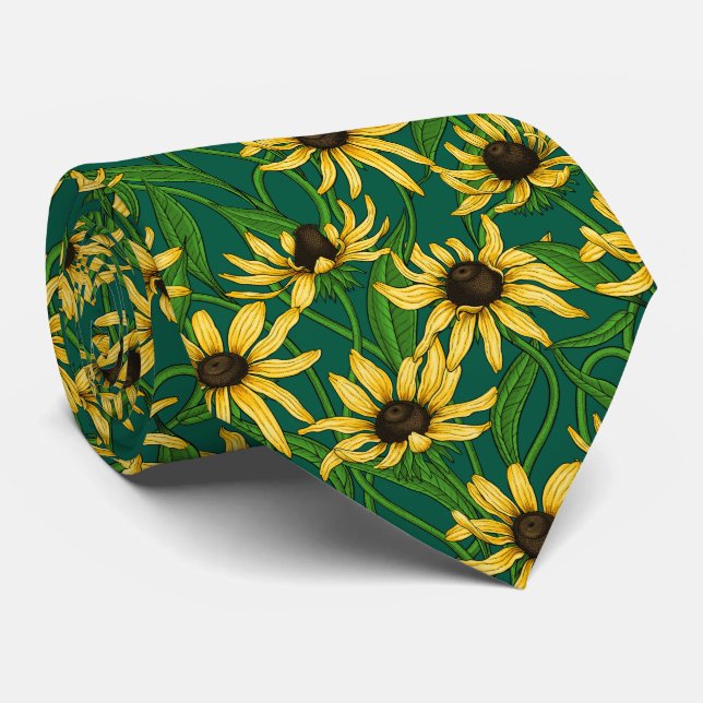 Gult Rudbekia på mörk grönt Slips (Rullad)