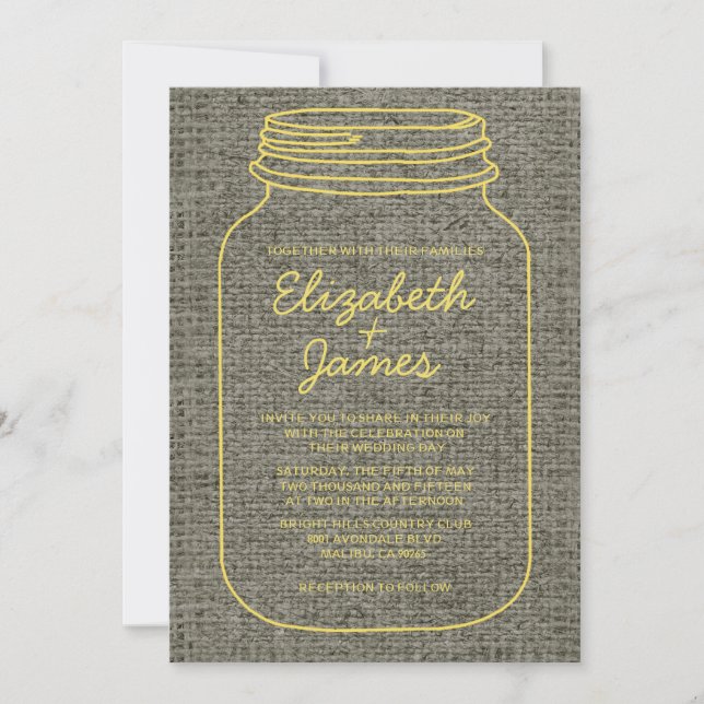 Gult Rustic Burlap Mason Burk bröllopsinbjudningar Inbjudningar (Framsida)