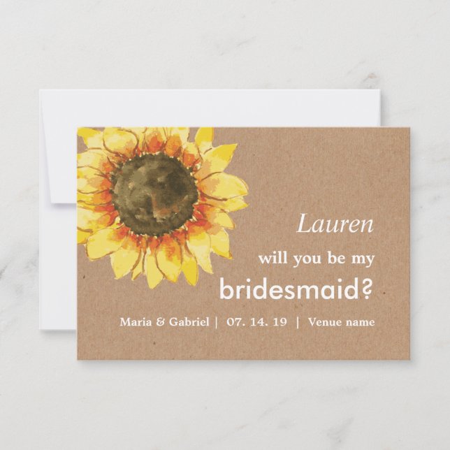 Gult Rustic-solrossen blir min bridesmaid Inbjudningar (Framsida)