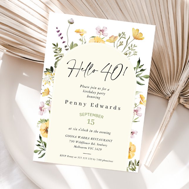 Gult Rustic Wildblommor Hej 40 40:e födelsedagen Inbjudningar (40th Birthday Invitation, Hello Forty Boho Birthday Invite, Editable Template, Modern Wildflowers)