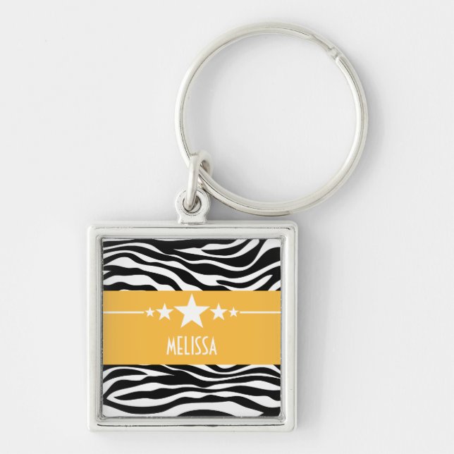 Gult Sassy Star Zebra Premium Keychain Fyrkantig Silverfärgad Nyckelring (Framsidan)