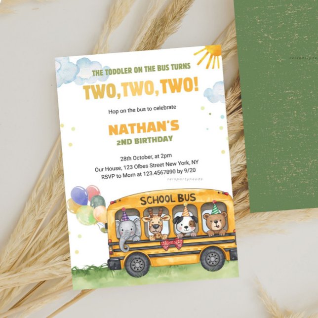 Gult School Buss, andra födelsedag Hjul på Buss Inbjudningar (modern transportation invitation, second birthday boy invitation, transportation themed invitation, )