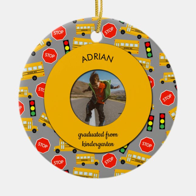 Gult School Buss Kindergarten Studenten Julgransprydnad Keramik (Framsidan)