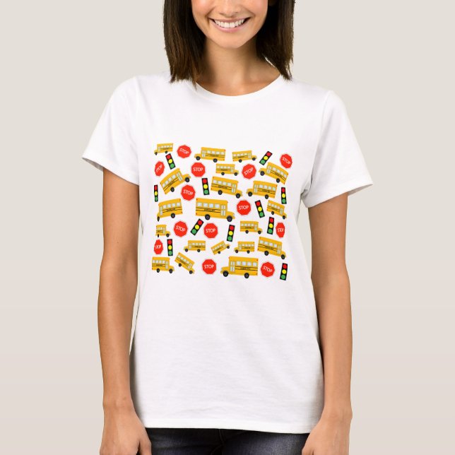 Gult School Buss stoppskylt Traffic Ljus Mönster T Shirt (Framsida)
