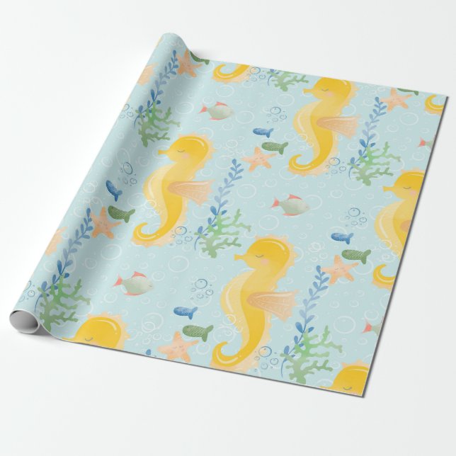 Gult Seahorse under Sea Baby Shower Mönster Presentpapper (Utrullad)