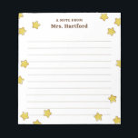 Gult Shining Stars skrev ett meddelande från lärar Anteckningsblock<br><div class="desc">Vita ett meddelande från anteckningsblocket från skollärare personlig med lärarens namn i brunt mot en vit bakgrund och massor av blanka, runda stjärnor. Guld-stjärnan tog upp lärarens anteckningsblock med linjer och lärarens namn. Personligens läraranteckningsblock med stjärnor i gult mot vit bakgrund. Ge antecknar du studenter på den här tecknad-stjärnan i...</div>
