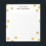 Gult Shining Stars skrev ett meddelande från lärar Anteckningsblock<br><div class="desc">Vita ett meddelande från anteckningsblocket från skollärare personlig med lärarens namn i brunt mot en vit bakgrund och massor av blanka, runda stjärnor. Guld-stjärnan tog upp lärarens anteckningsblock med linjer och lärarens namn. Personligens läraranteckningsblock med stjärnor i gult mot vit bakgrund. Ge antecknar du studenter på den här tecknad-stjärnan i...</div>