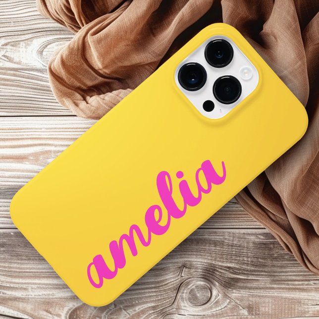 Gult shock rosa-skript med fetstil, färgstarkt (Yellow hot pink name bold script colorful Case-Mate iPhone case)
