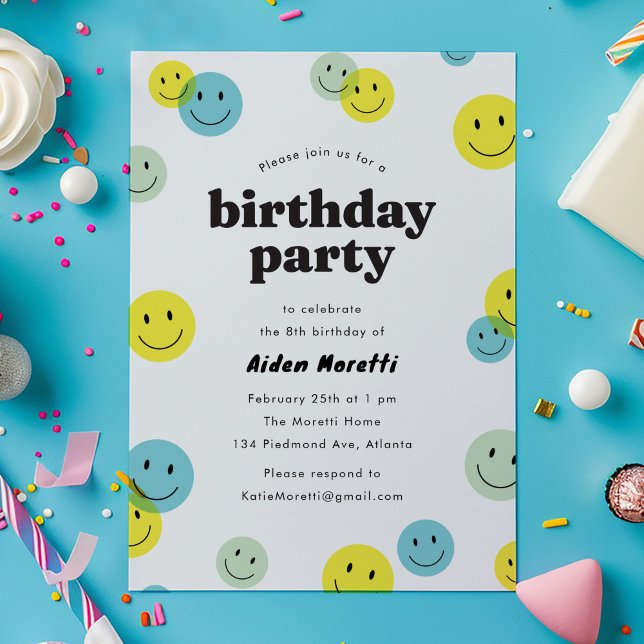 Gult Sleende Lycklig Ansikte Barns födelsedag Part Inbjudningar (yellow and blue smiling faces kids birthday party invitation)