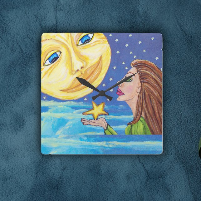 Gult Sleende Måne Ansikte Stars Fantasy Woman Fyrkantig Klocka (Woman holding star looking at yellow moon with face on blue night sky clouds on wall square clock.)