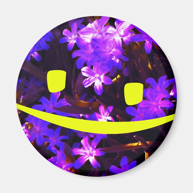 Gult Smiley face över Blåa blommor Magnet (Framsidan)