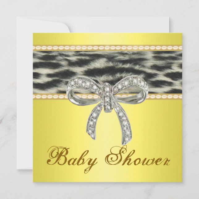 Gult Snö Leopard Diamond Bow Baby Shower Inbjudan (Framsida)