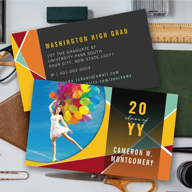 Gult Snyggt Geometric Linjer Mod Photo Student (Yellow Stylish Geo Criss Cross Photo Graduation Calling Card by fat*fa*tin)