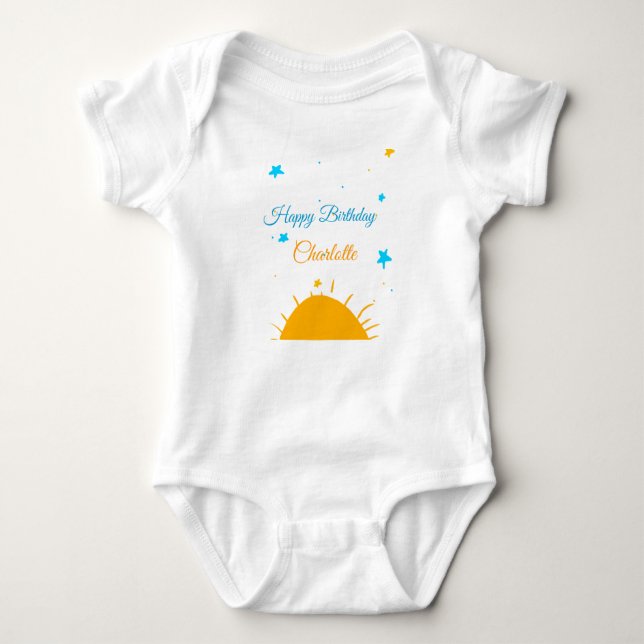 Gult sol blå stjärnor grattis på födelsedagen lägg t shirt (Framsida)