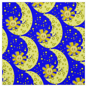 Gult Sol Måne Stars Blue Fabric Tyg