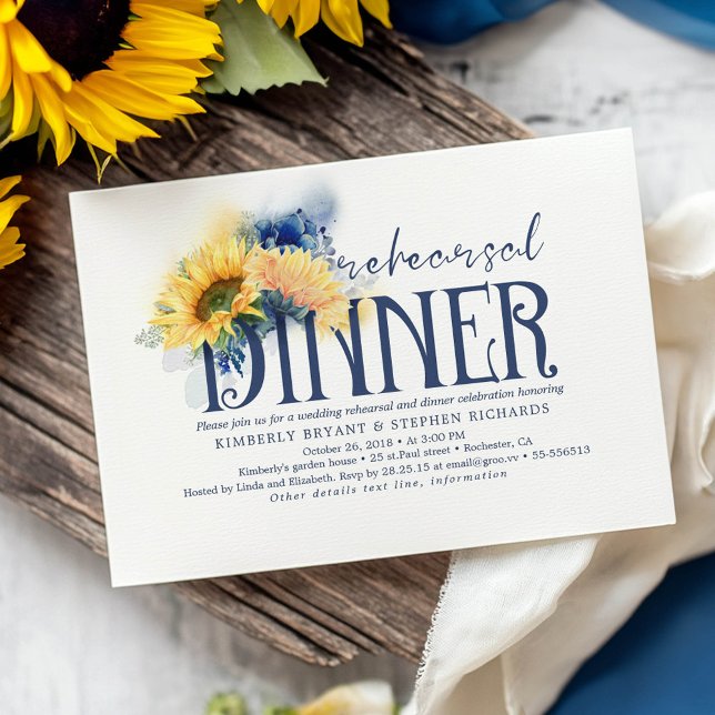 Gult Solblommor Blå blommans repetitionsmiddag Inbjudningar (Navy Blue and Yellow Fall Rehearsal Dinner Invitations)