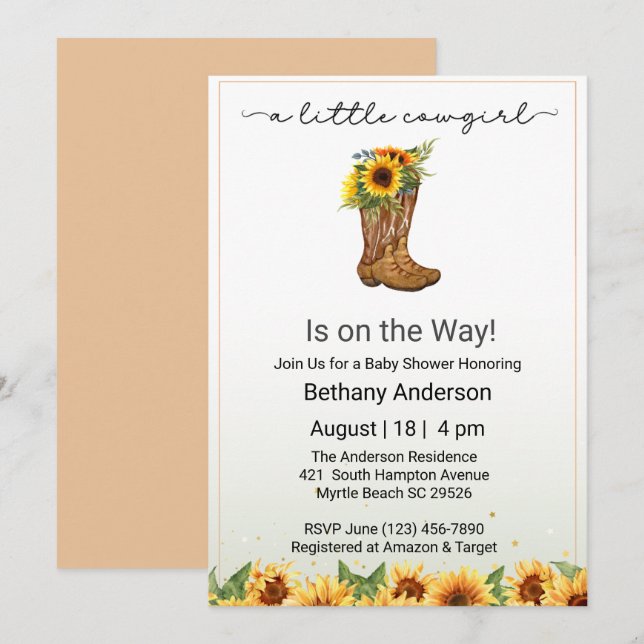 Gult Solblommor Cowgirl på Way Baby Shower Inbjudningar (Fram/baksida)