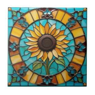 Gult Solblommor Faux glasberikat Aqua Blue Kakelplatta