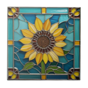 Gult Solblommor Faux glasberikat Aqua Blue Kakelplatta