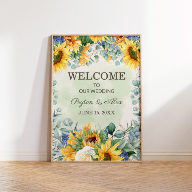Gult Solblommor Grönt Eucalyptus Löv Bröllop Poster (Sunflowers and eucalyptus wedding "Welcome" poster)
