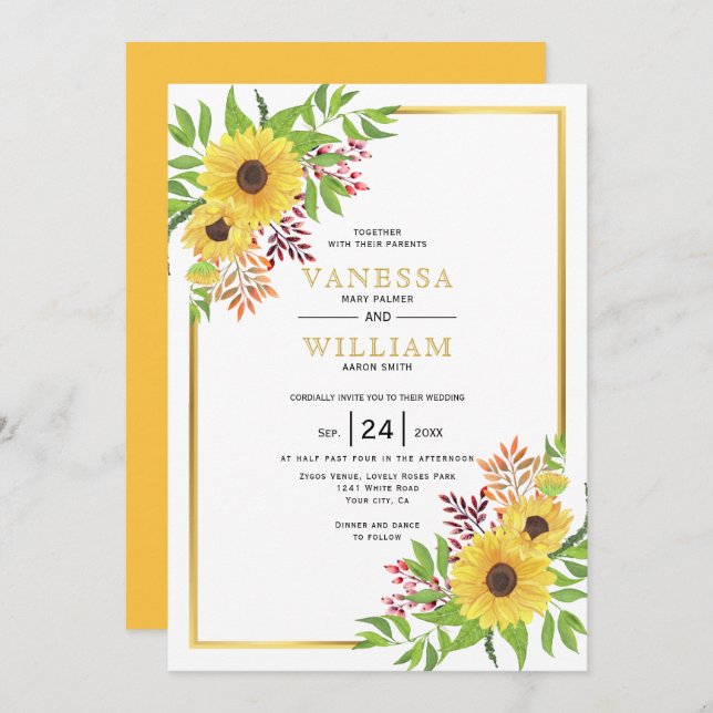 Gult solblommor, guld ram bröllop inbjudningar (Fram/baksida)