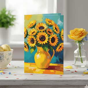 Gult Solblommor i Vas i Impasto Stil Helgkort