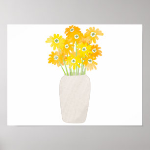 Gult Solblommor i vit vas-vattenfärg poster