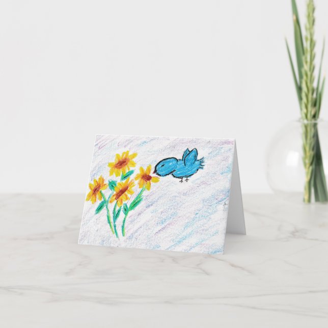 gult Solblommor med blått fåglar Tack Kort (Framsida)