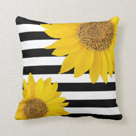 Gult Solblommor med svart och vitt Rand Kudde