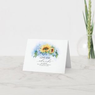Gult Solblommor och Blue Hydrangea Bröllop Tack Kort