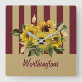 Gult Solblommor och Burgundy och Guld Stripe Fyrkantig Klocka