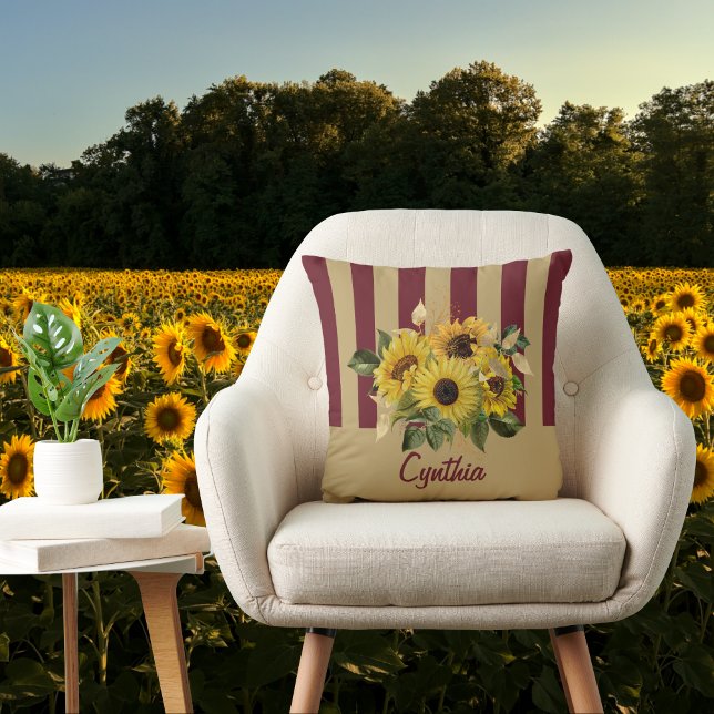 Gult Solblommor och Burgundy och Guld Stripe Kudde (Skapare uppladdad)