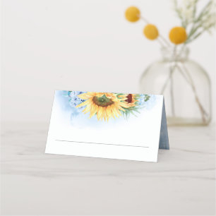 Gult Solblommor och Dusty Blue Hydrangea Bröllop Placeringskort
