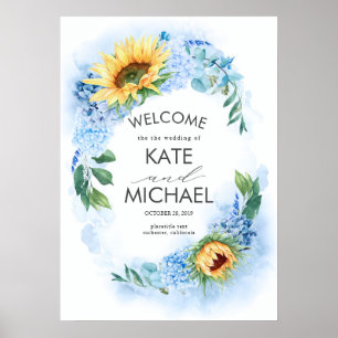 Gult Solblommor och Dusty Blue Hydrangea Bröllop Poster