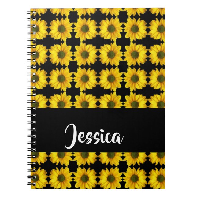 Gult solblommor på svart anteckningsbok (Framsidan)