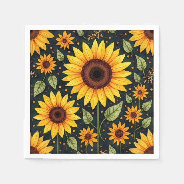 Gult Solblommor på svart Pappersservett (Framsidan)