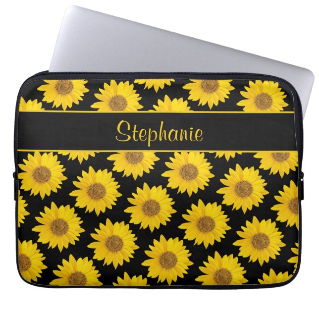Gult Solblommor på svart Personlig Laptop Fodral (Framsidan)