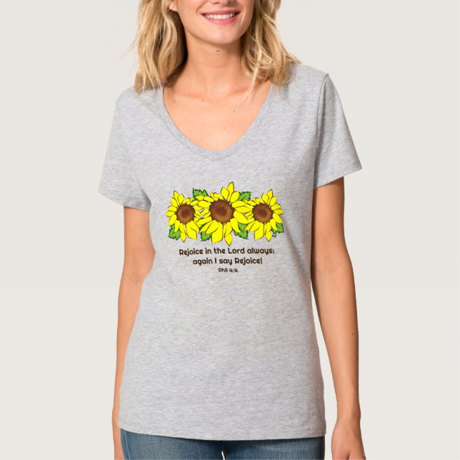 Gult Solblommor Rejoice in Lord Alltid Scripture T Shirt (Framsida)