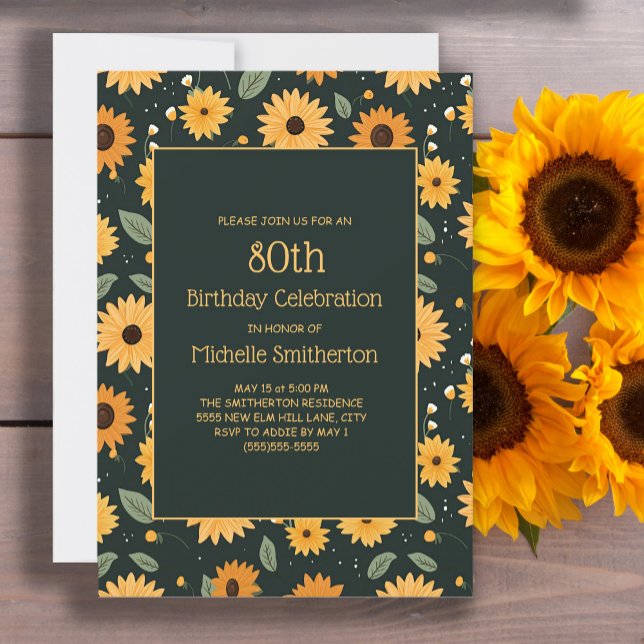 Gult Solblommor Svart 80:e födelsedagen Inbjudningar (Cute sunflowers on black 80th birthday party invitation for women.)